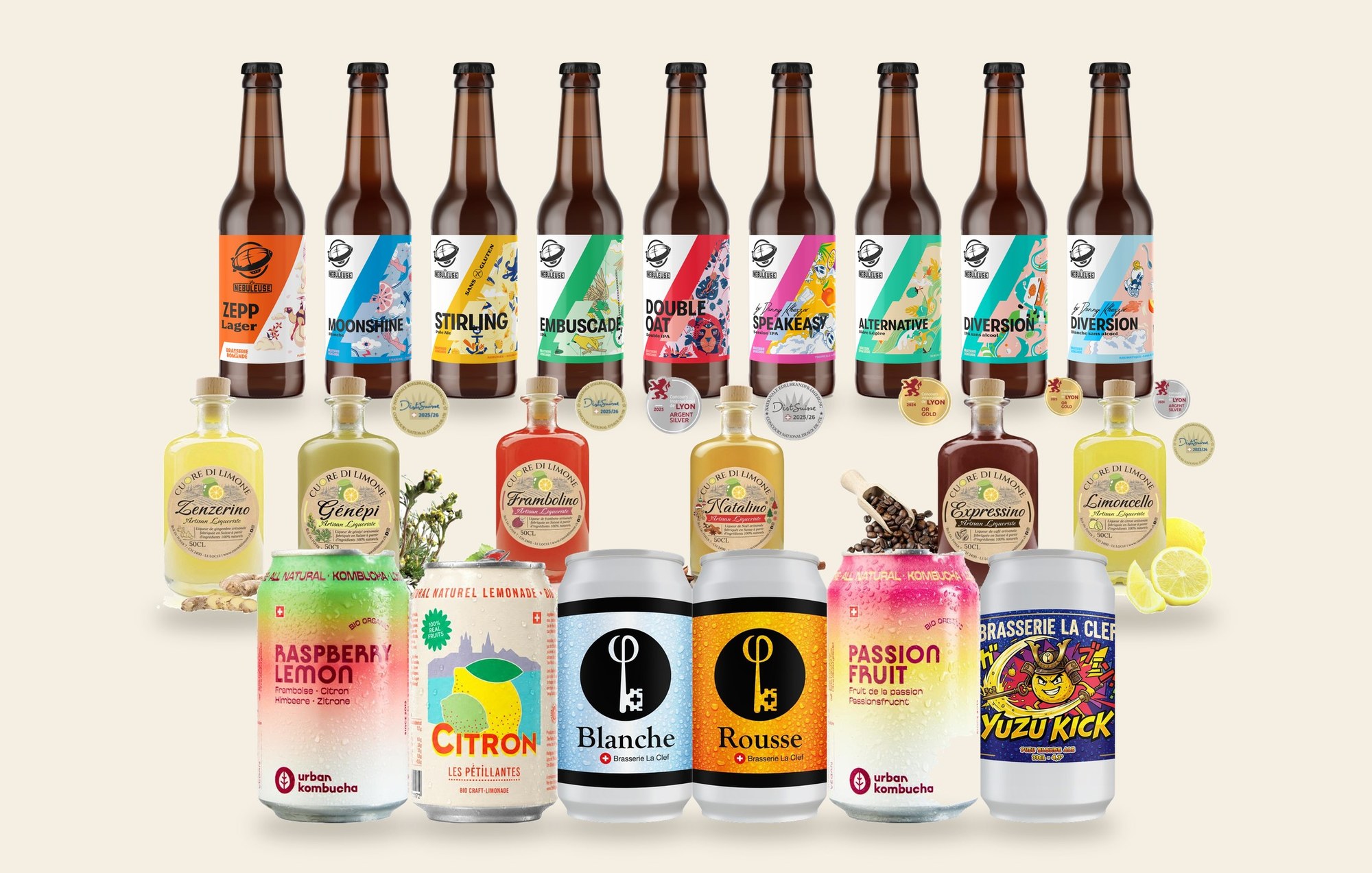 Sélection de kombuchas, limonades, liqueurs et bières de nos producteurs suisses